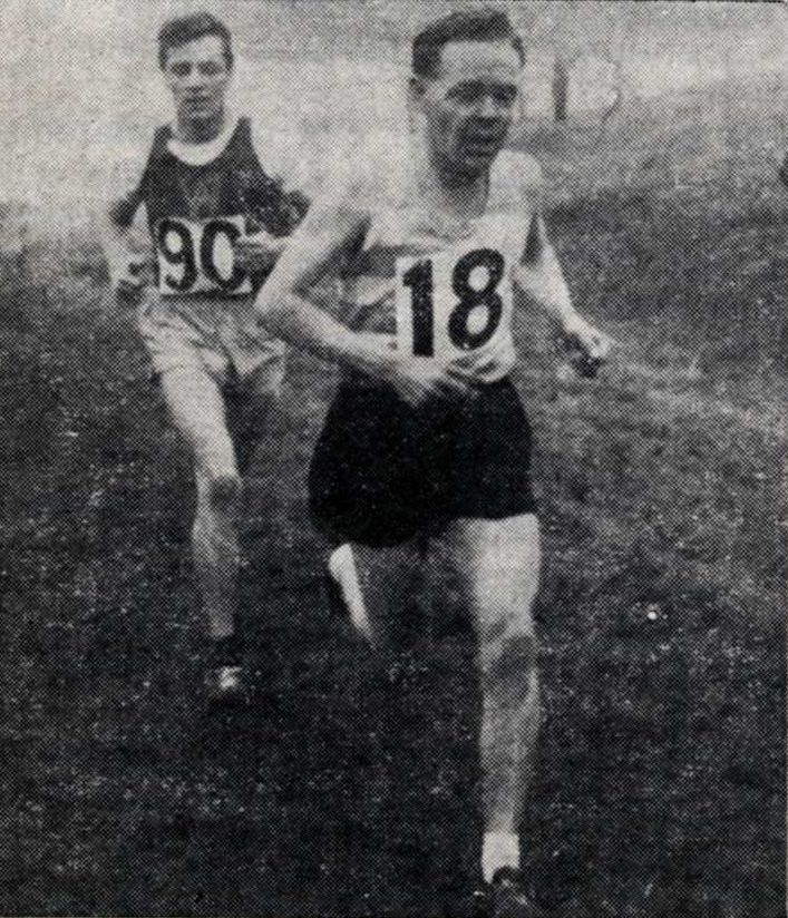 Johnny Wild (East Cheshire) leads J. W. Wright (Wallasey), the eventual winner, after 6 miles in the Cheshire Senior C.C. Championships at Disley