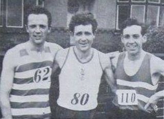 First three home on the Longwood Harriers 10 Mile Road Race - A Barden (Sheffield UH) 3rd, Ron Barlow (Wallasey AC) 1st and J Alder (Morpeth H) 2nd (Eric North)