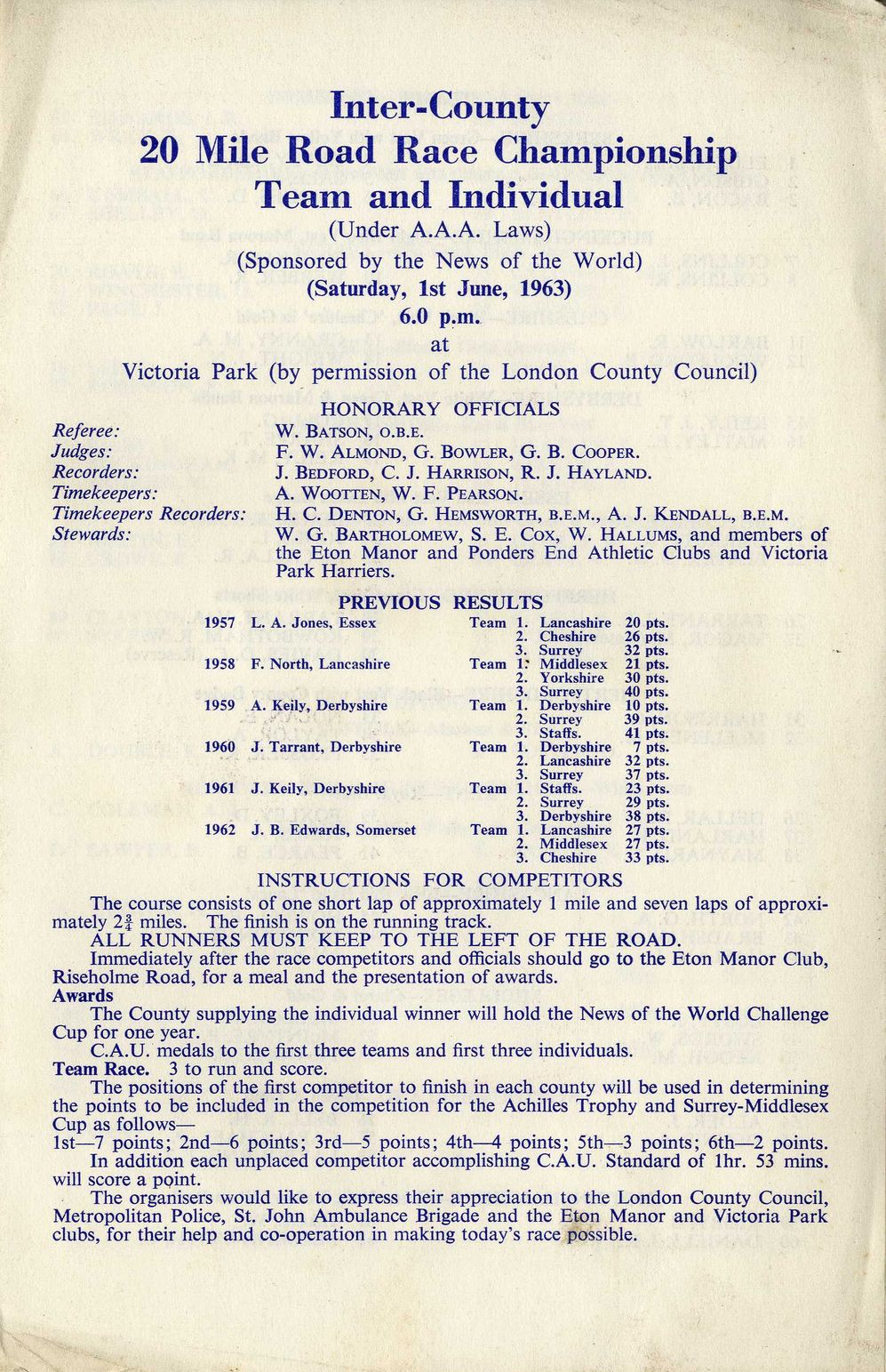 Inter-County 20 mile Road Race Programme 1963