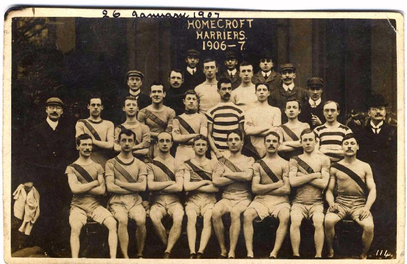 The group photograph of Homecroft Harriers was taken on 26th January 1907, shortly before amalgamation with Wallasey AC. A total of 18 runners had taken part in a race of just over 61/2 miles, won by J.B. Barley in 40 minutes and 5 seconds.

Homecroft Harriers were formed in 1904 and were one of a number of Wallasey Harriers clubs. They had a strong team with headquarters at the YMCA in Manor Road. In 1908 Homecroft Harriers amalgamated with Wallasey Harriers to form the Wallasey Athletic Club
