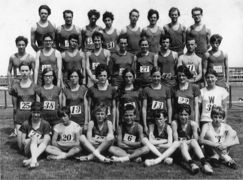 Wallasey Athletic Club's Pentathlon Championships, July 1970 at Leasowe Playing Fileds
Back row, left to right. T. Flemming, C. Gee, R. Warburton, P. Wealthy, M. Teahan, D. Lockley, B. Smith, I. Wilson. Third row, left to right: P. Martian, R. Tarrant, A. Fulton, A. Cheers, B. Banks, M. Ashcroft, D. Hanna, D. Hughes, R. Brimage. Second row, left to right: S. Kew, S. Lloyd, S. Brimage, S. Carter, L. Mutch, G. King, L. Lewson, J. Halfpenny, Sitting left to right E. Hewson, C. Horobin, N. Simpson, D. Jones, A. Reid, S. KelIy, R. Dixon.