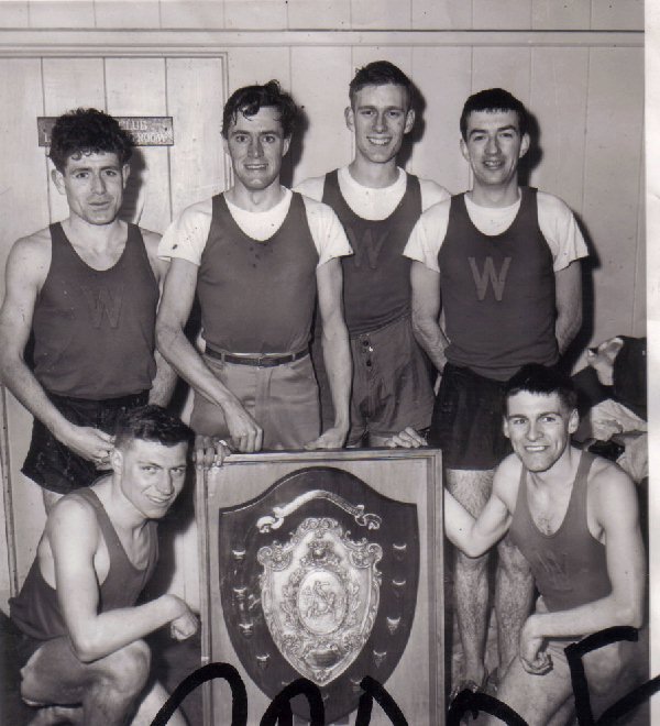 Left to right Ron Barlow, John Wright, Brian Chalton, Bill Morris, Brian Woolford and Tony Townsend winners of the Cheshire County Senior Cross-Country Championship in 1961