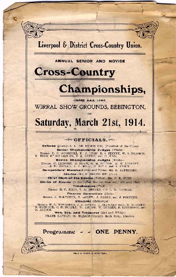 Liverpool and District Cross Country Union Programme from Saturday March 21st 1914 at Wirral Show Grounds, Bebington