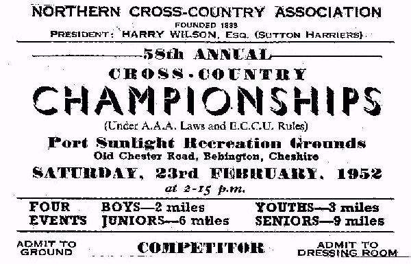 Competitors ticket for the Northern Cross-Country Championships of 1952