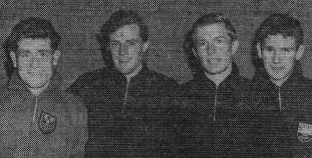 Winners of the last mob run of the season at the Wallasey Athletic Club cross-country meeting held over a six-mile course. Ron Barlow (Wallasey A.C.) 2nd, John Wright (Wallasey A.C.) winner, D. Harris (Wirral A.C.) third, J. Clinch (Port Sunlight A.C.) winner of the youth's race.