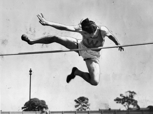 L. H. Platt (Wallasey A.C.) making the winning jump of 5 feet 8 inches in the Cheshire Athletic Championships, at Port Sunlight in 1952.