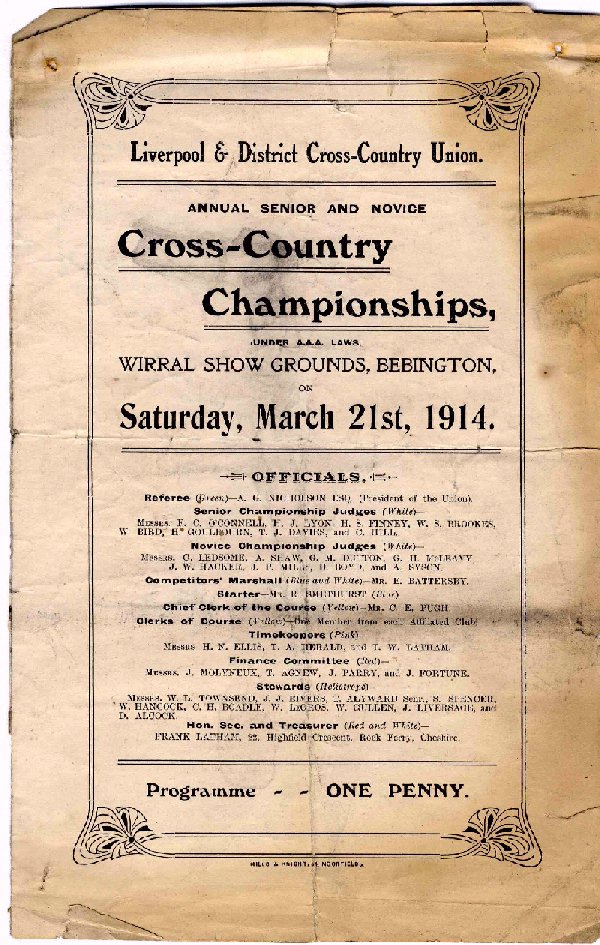 Liverpool and District Cross Country Union Programme from Saturday March 21st 1914 at Wirral Show Grounds, Bebington