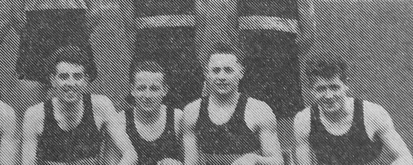 Cheshire Regiment Depot's full team of runners, seen with their championship cup. 
Back row: Pte. D. J. Standlast (Wallasey), Pte. A. Curtis (Seacombe), Pte. J. C. Deacon (Stockport), Pte. P. J. Hyden (Rugeley), Pte. P. W. Cooper (Clayton, Manchester). 
Front row: L/Cpl, D. J. W. George (AIrincham), Pte. A. W. Townsend (Wallasey), L/CpI. D B. White (Wallasey), Pte. M. J. Corcoran (Macclesfield), 
Pte. J. W. Guest (Chester), L/CpI. H. E Griffiths (Neston), Pte. R. W. Barlow (Moreton).